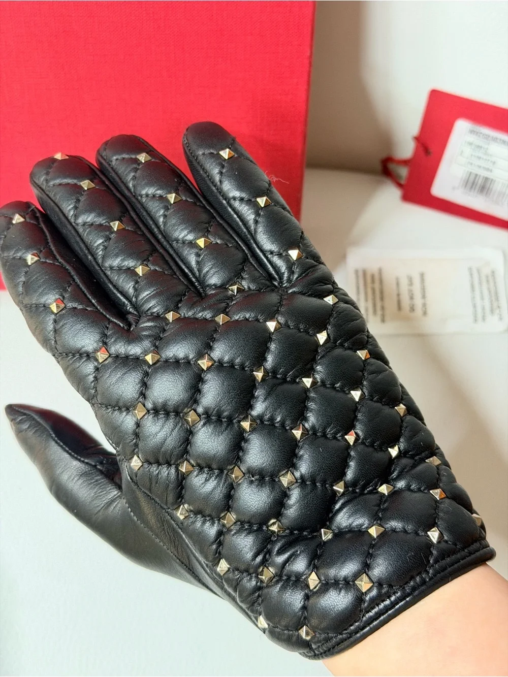 Coveted Valentino Black Quilted Leather Gloves Rockstud Full Box Set Like New